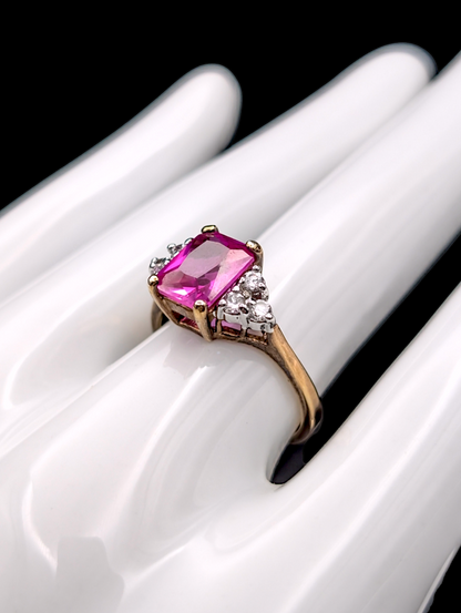 Vintage Radiant Cut Genuine Pink Sapphire and Simulated Diamond 18k Yellow Gold Vermeil Sterling Silver Ring