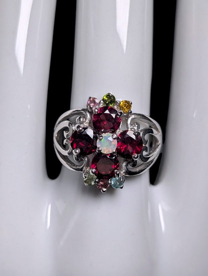 Vintage Genuine Garnet and Opal Flower Heart Shank Sterling Silver Ring