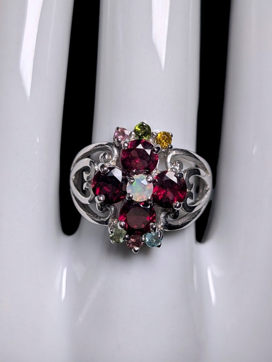 Vintage Genuine Garnet and Opal Flower Heart Shank Sterling Silver Ring