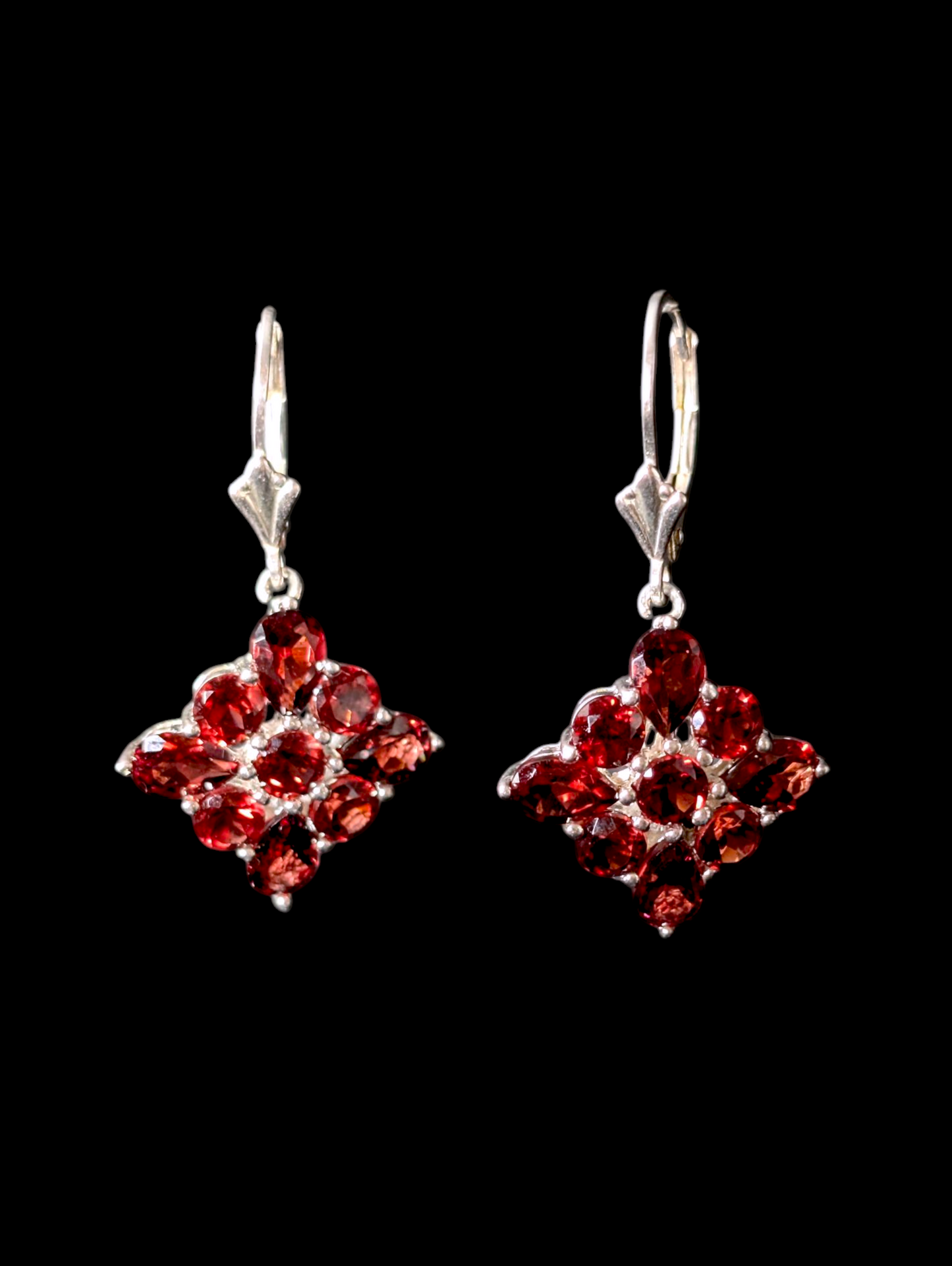 Vintage Cluster Dangle Genuine Red Garnet Leverback Sterling Silver Earrings