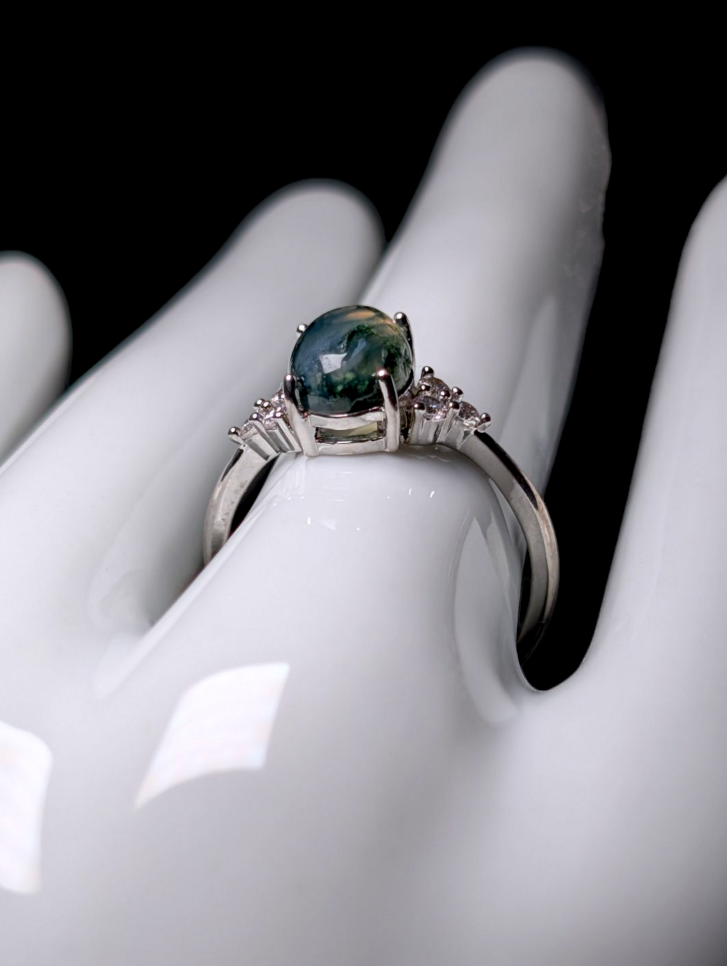Vintage Earth Mined Genuine Moss Agate Solitaire with Simulated Diamond Accented Sterling Silver Ring
