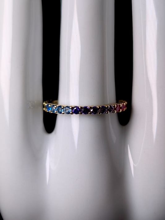 Vintage Rainbow Multi-Gemstone Round Cut Genuine Ruby, Tourmaline, Sapphire Yellow Gold over Sterling Eternity Band Ring