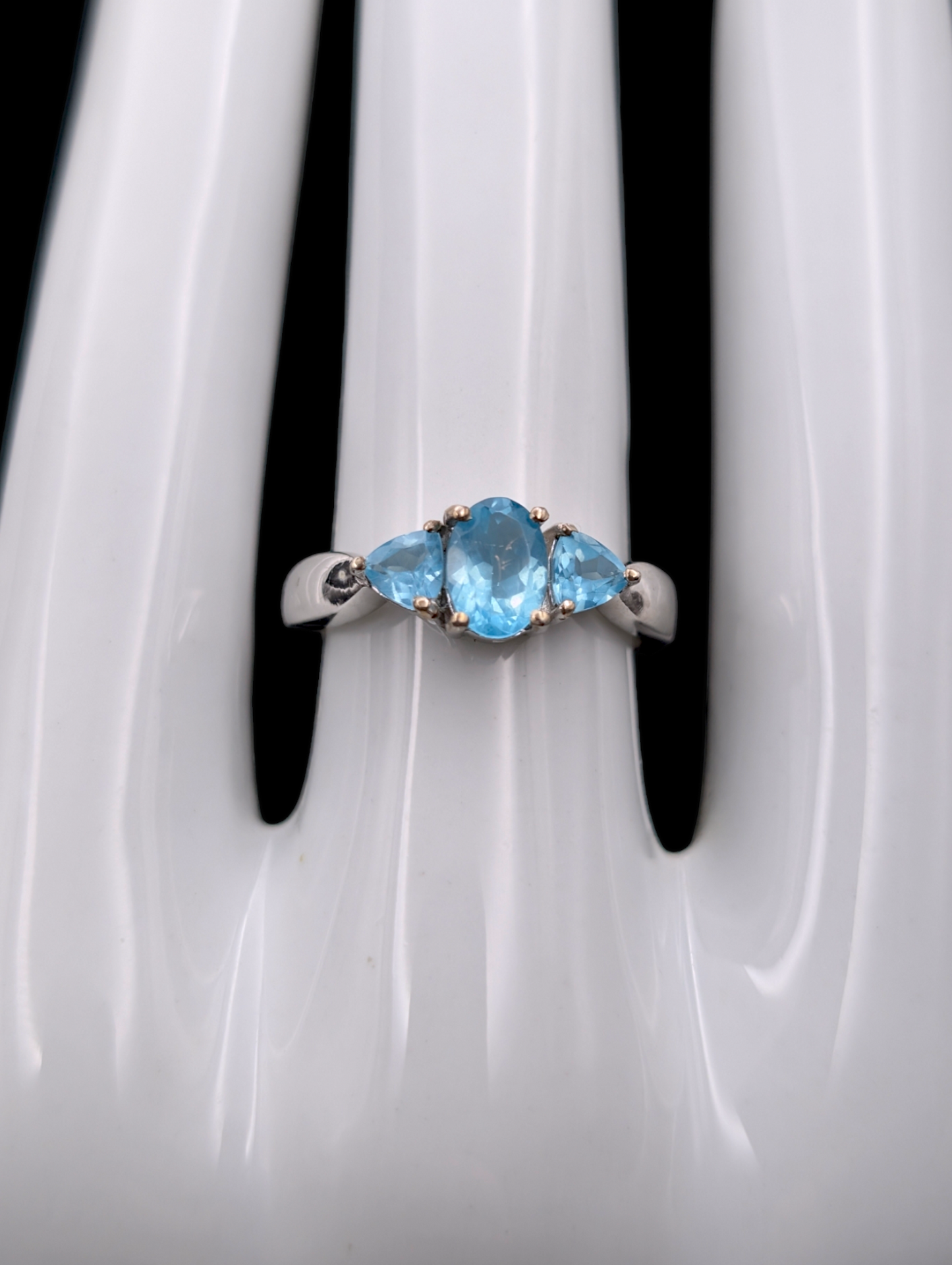 Vintage Oval and Trillion Cut Genuine Aquamarine on Sterling Silver Ring