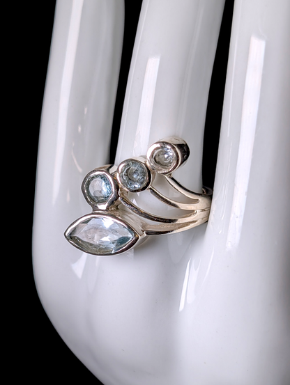 Vintage Inspired Mixed Cut Genuine Sky Blue Topaz Sterling Silver Ring