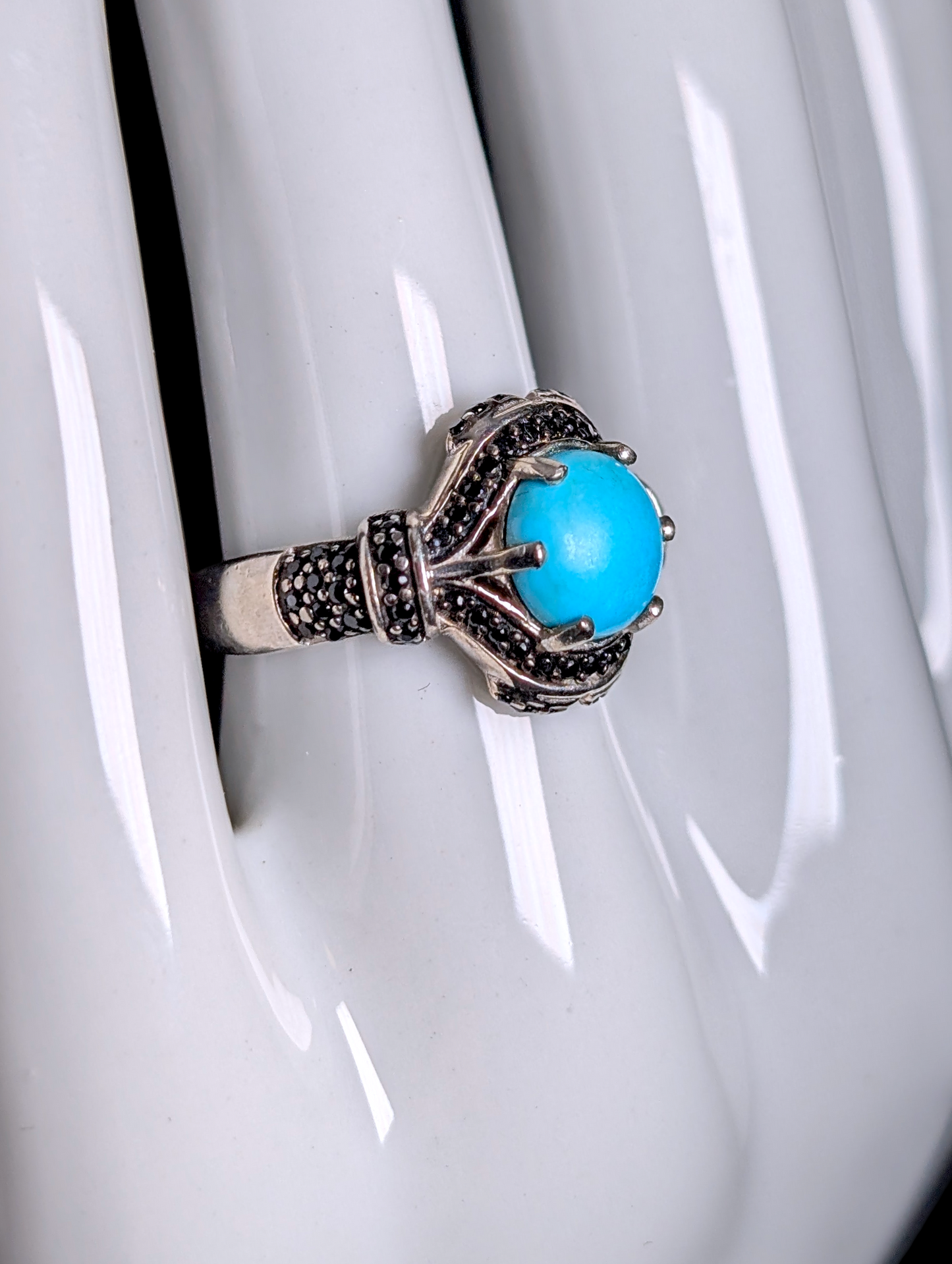 Vintage Inspired Eye Genuine Sleeping Beauty Turquoise and Black Onyx Halo Sterling Silver Ring