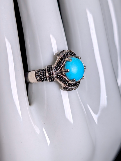 Vintage Inspired Eye Genuine Sleeping Beauty Turquoise and Black Onyx Halo Sterling Silver Ring