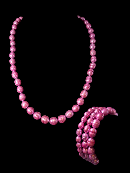 Vintage Inspired Honora Graduating Purple Genuine Pearl Hand Knotted Ring Shaped Necklace and Bracelet Set