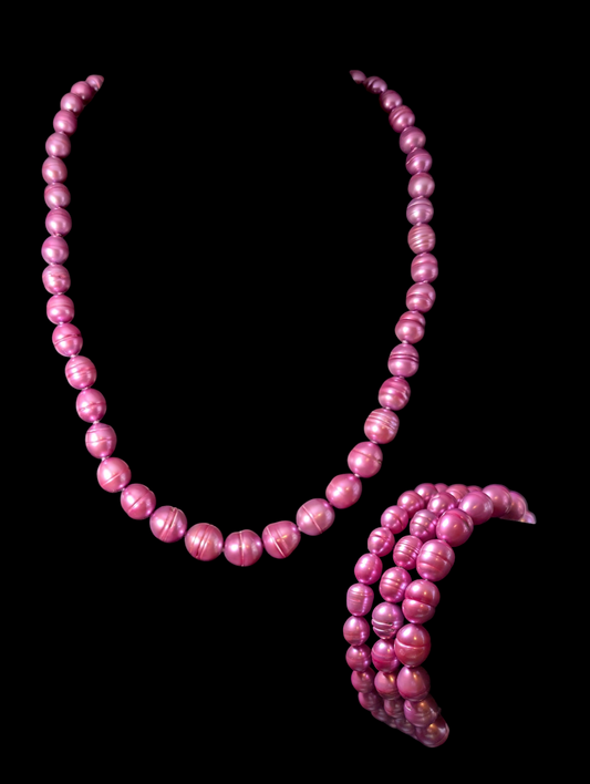 Vintage Inspired Honora Graduating Purple Genuine Pearl Hand Knotted Ring Shaped Necklace and Bracelet Set