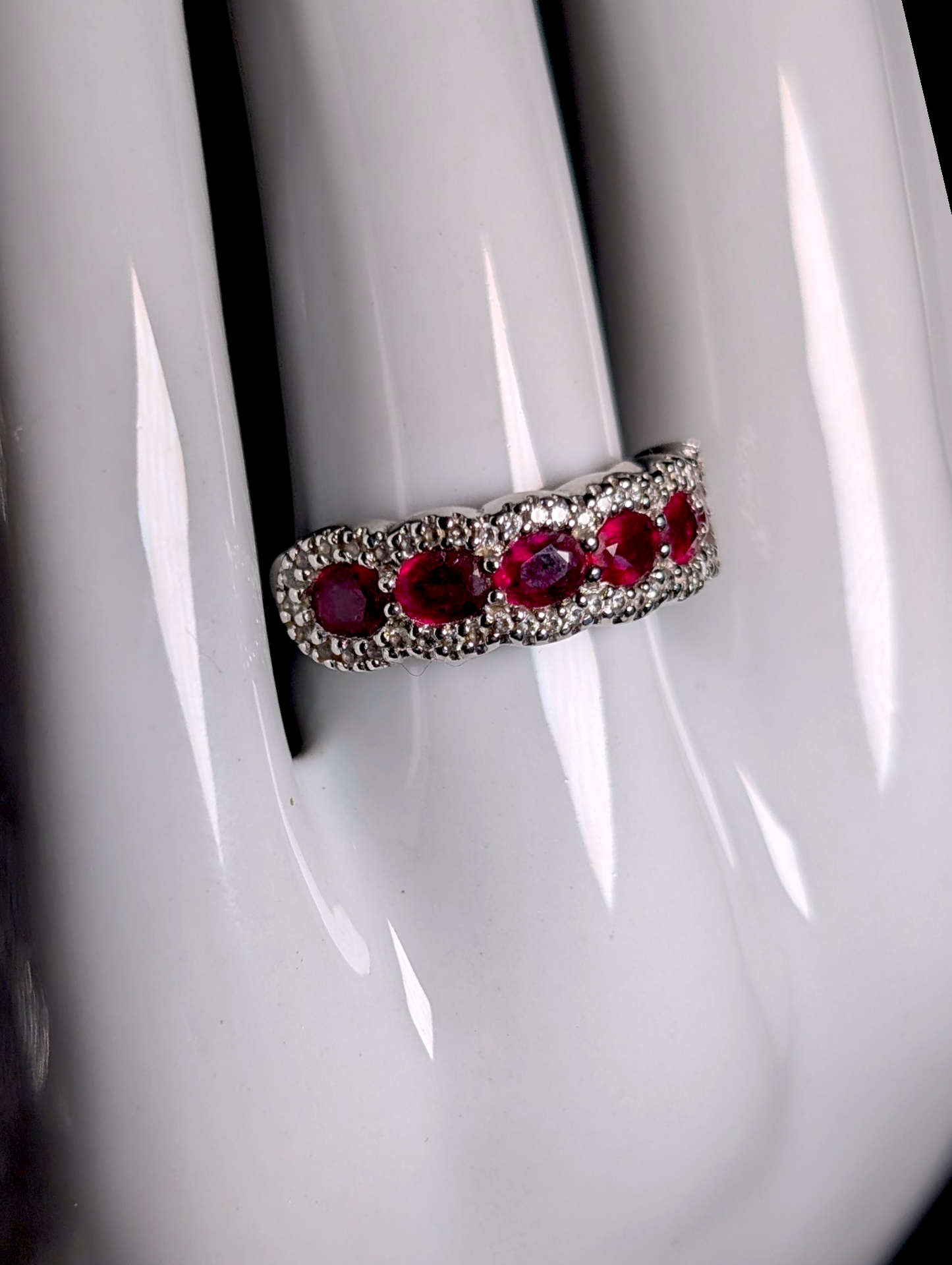 Vintage Oval Cut 6 Stone Genuine Red Ruby and White Zircon Accented Halo Sterling Silver Anniversary Band Ring