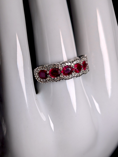Vintage Oval Cut 6 Stone Genuine Red Ruby and White Zircon Accented Halo Sterling Silver Anniversary Band Ring