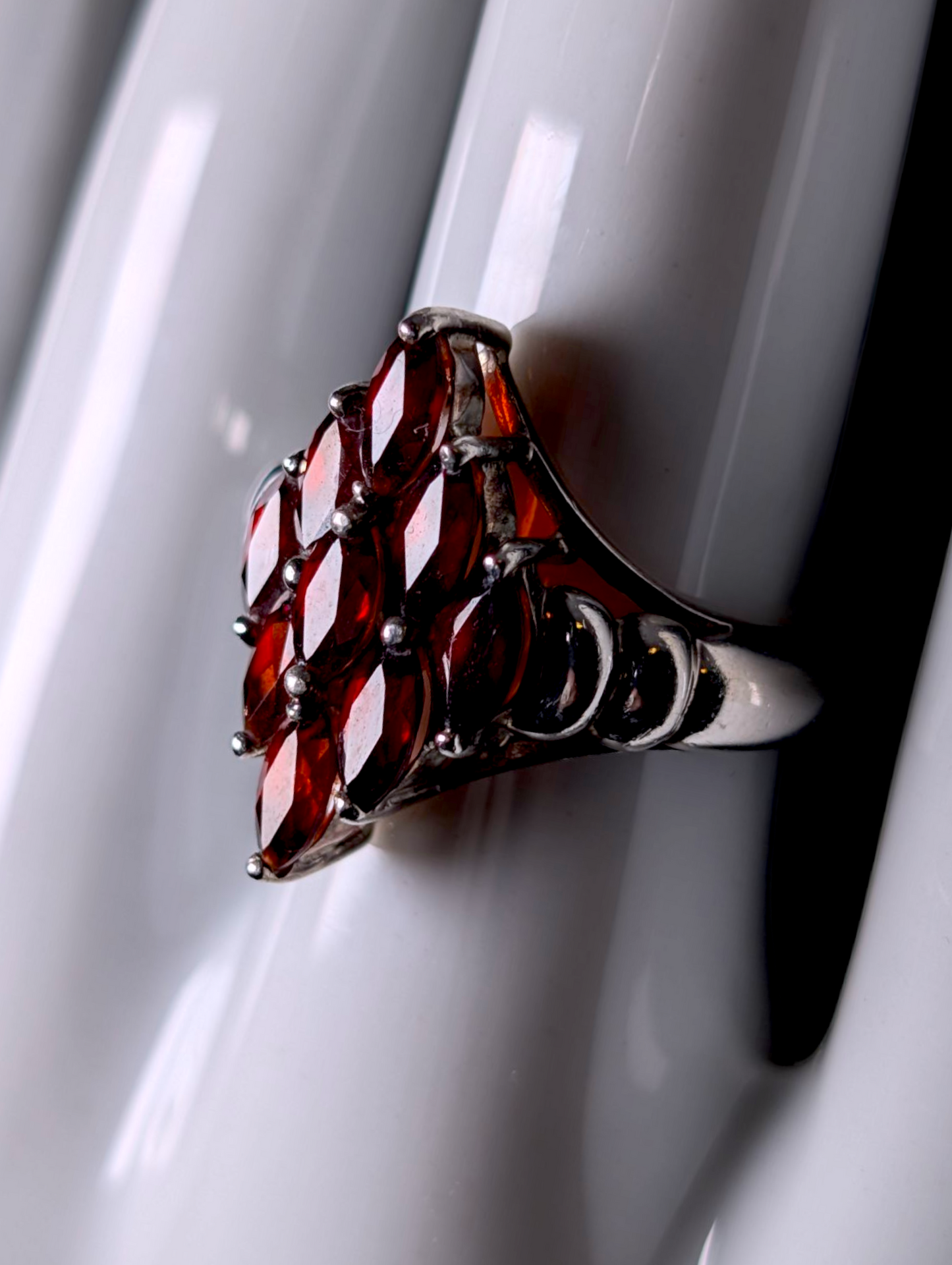 Vintage Marquise Cut Genuine Pyrope Garnet Cluster Sterling Silver Ring