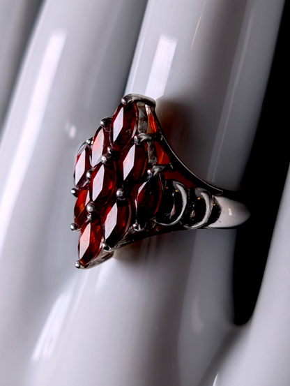 Vintage Marquise Cut Genuine Pyrope Garnet Cluster Sterling Silver Ring
