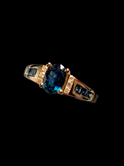 Vintage Designer Alwand Vahan 14k Solid Yellow Gold Genuine Earth Mined London Blue Topaz and Diamond Ring