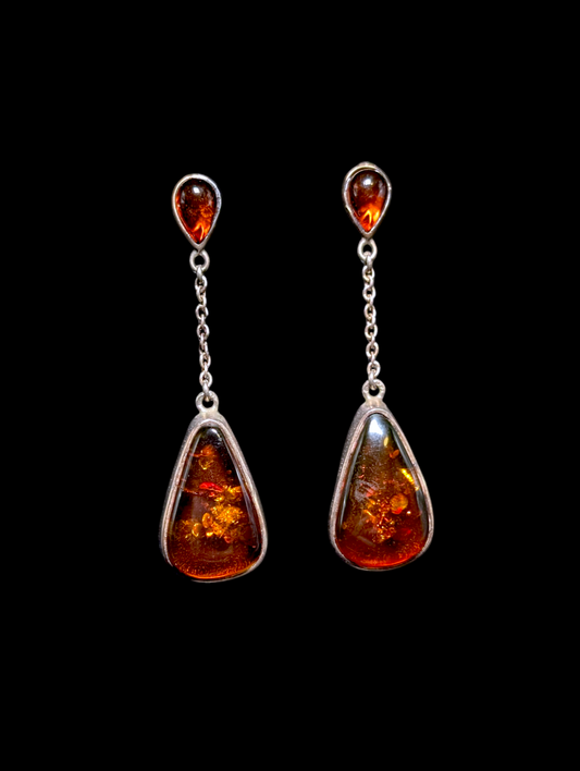 Vintage Dangle Genuine Baltic Amber Sterling Silver Drop Post Earrings