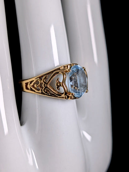 Vintage Oval Simulated Blue Topaz Solitaire Gold Toned Filigree Statement Ring