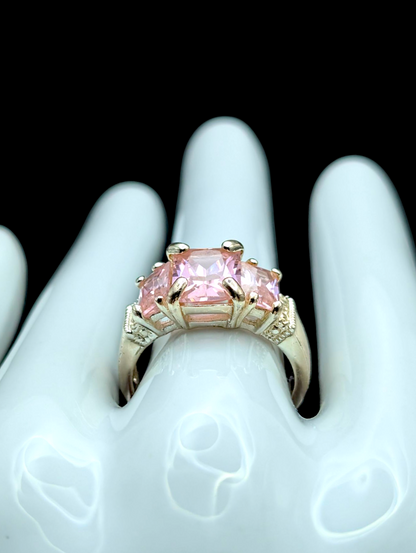 Vintage Large Radiant Cut Three Stone Simulated Pink Sapphire Silver Toned Statement Cocktail Ring