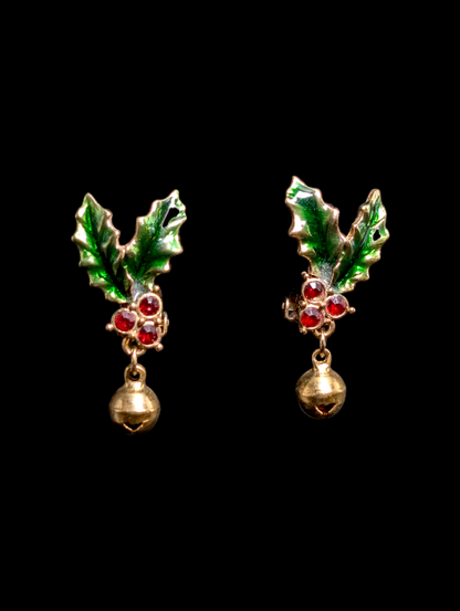 Vintage Enamel and Rhinestone Holly with Real Bells Earrings