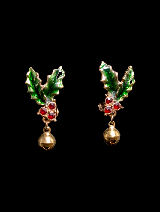 Vintage Enamel and Rhinestone Holly with Real Bells Earrings