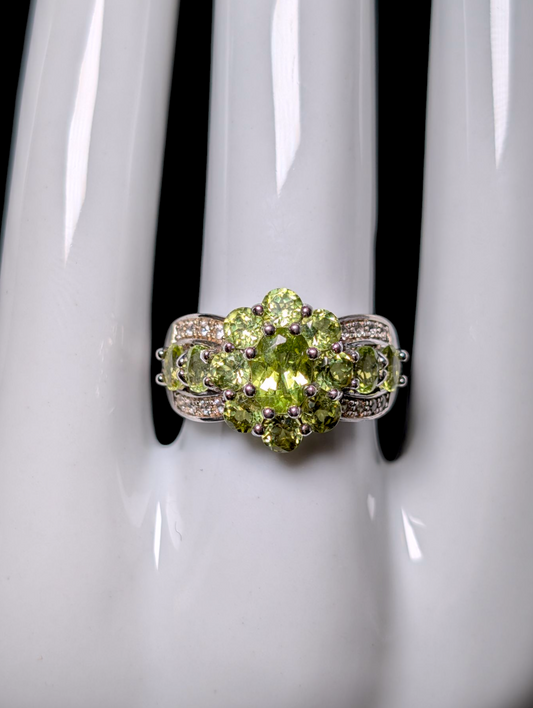Vintage Cluster Genuine Peridot and White Zircon Sterling Silver Ring