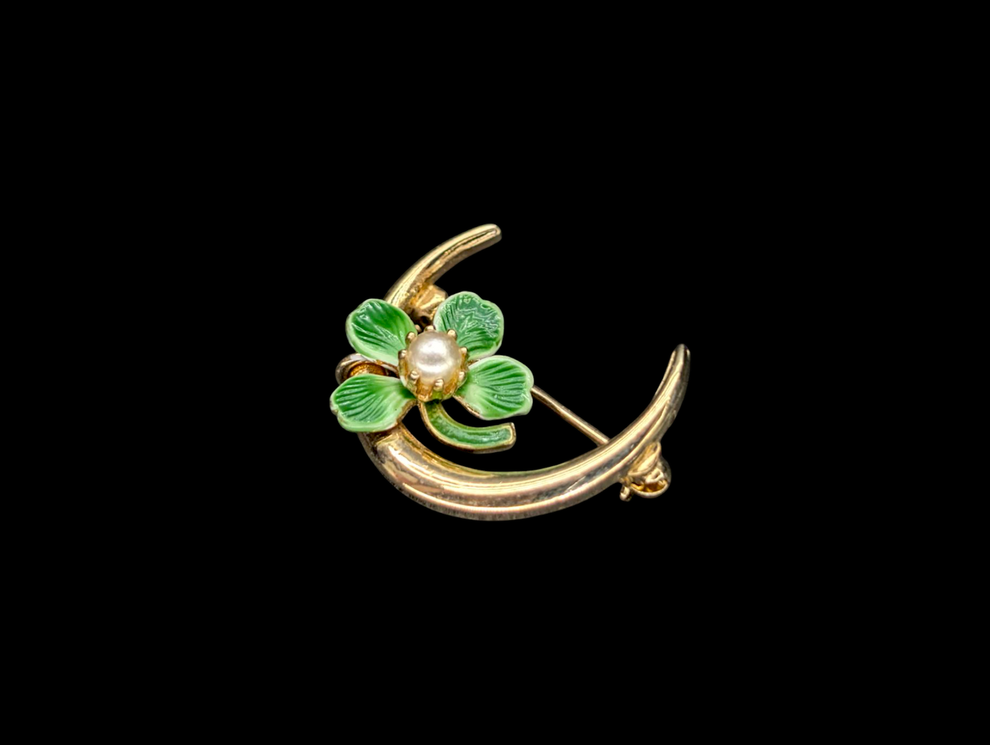 Vintage 14k Gold Crescent Half Moon and Green Enamel Shamrock Clover Pearl Brooch Pin