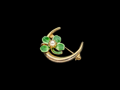 Vintage 14k Gold Crescent Half Moon and Green Enamel Shamrock Clover Pearl Brooch Pin