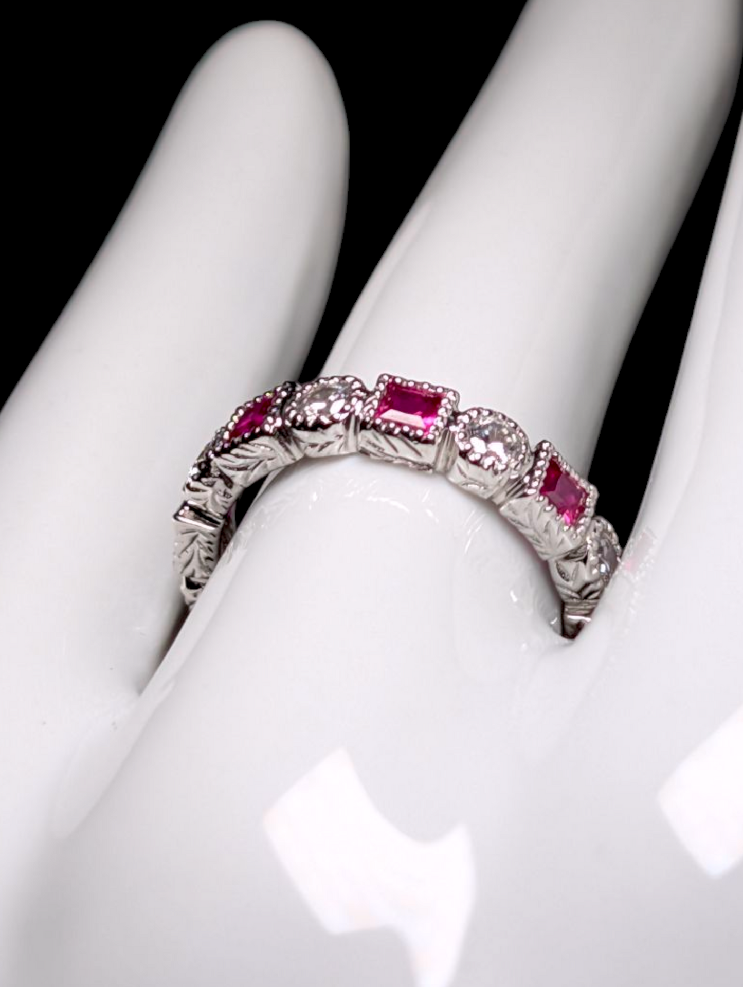 Vintage Alternating Genuine Red Ruby and Simulated Diamond Sterling Silver Band Ring