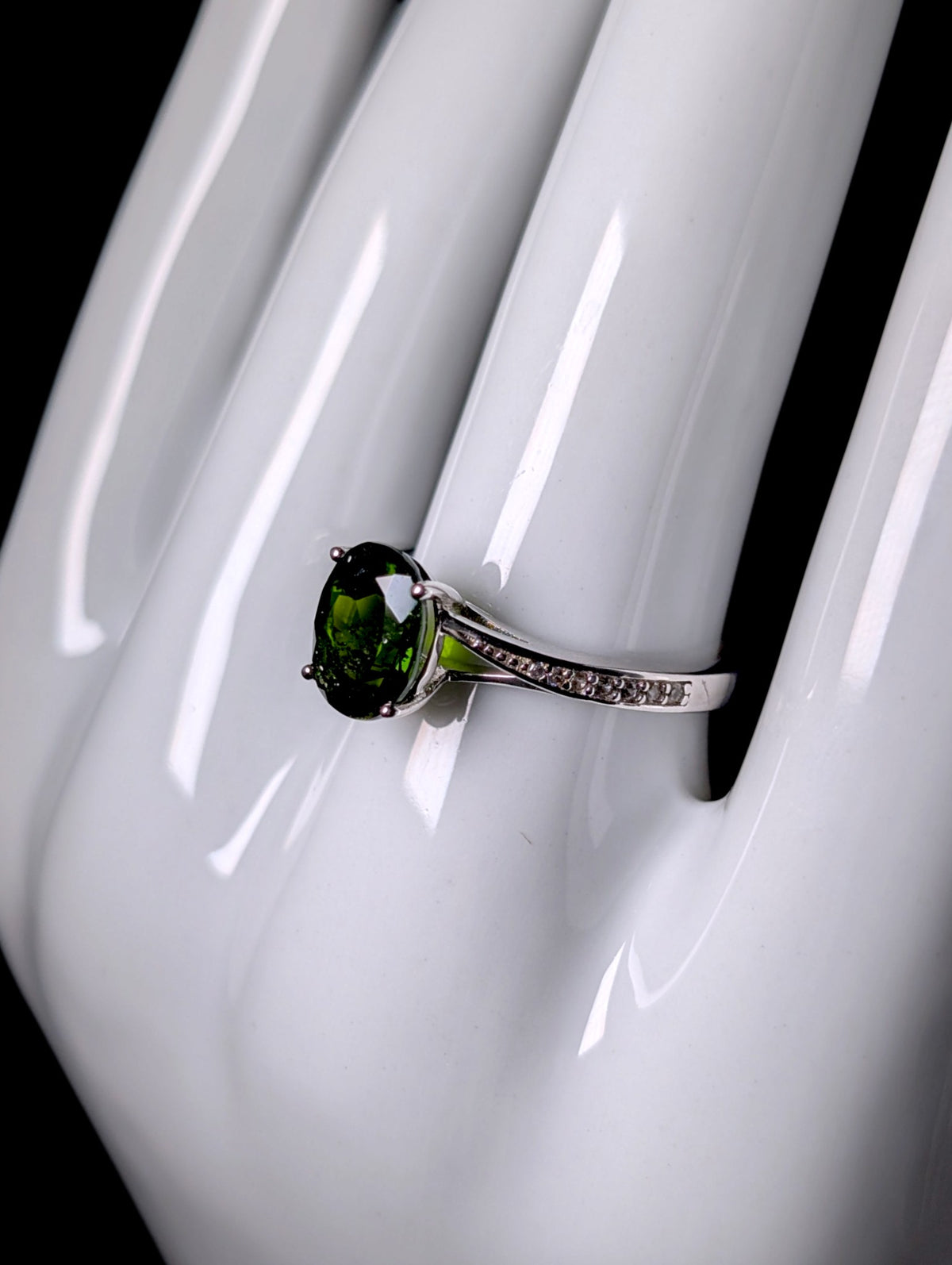 Vintage Genuine Chrome Diopside Solitaire and White Topaz Sterling Silver Ring