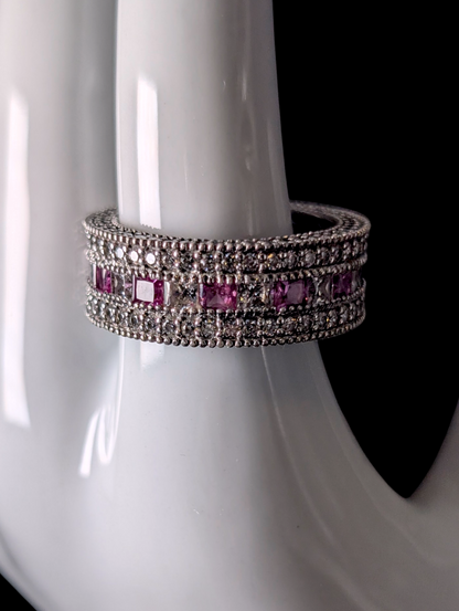 Vintage Sparkling Genuine Pink Sapphire and Simulated Diamond Sterling Silver Band Ring