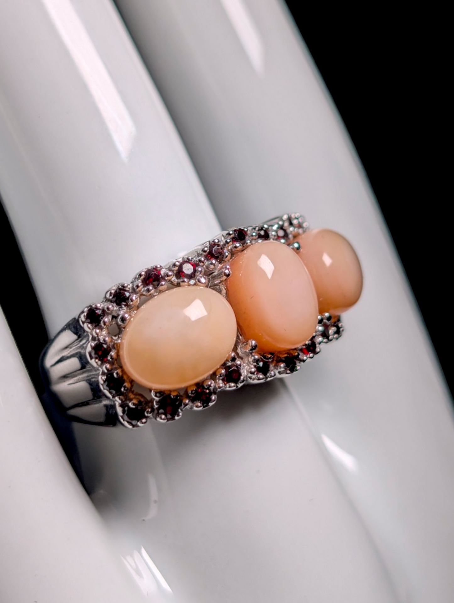 Vintage Genuine Pink Opal and Garnet Sterling Silver Statement Ring