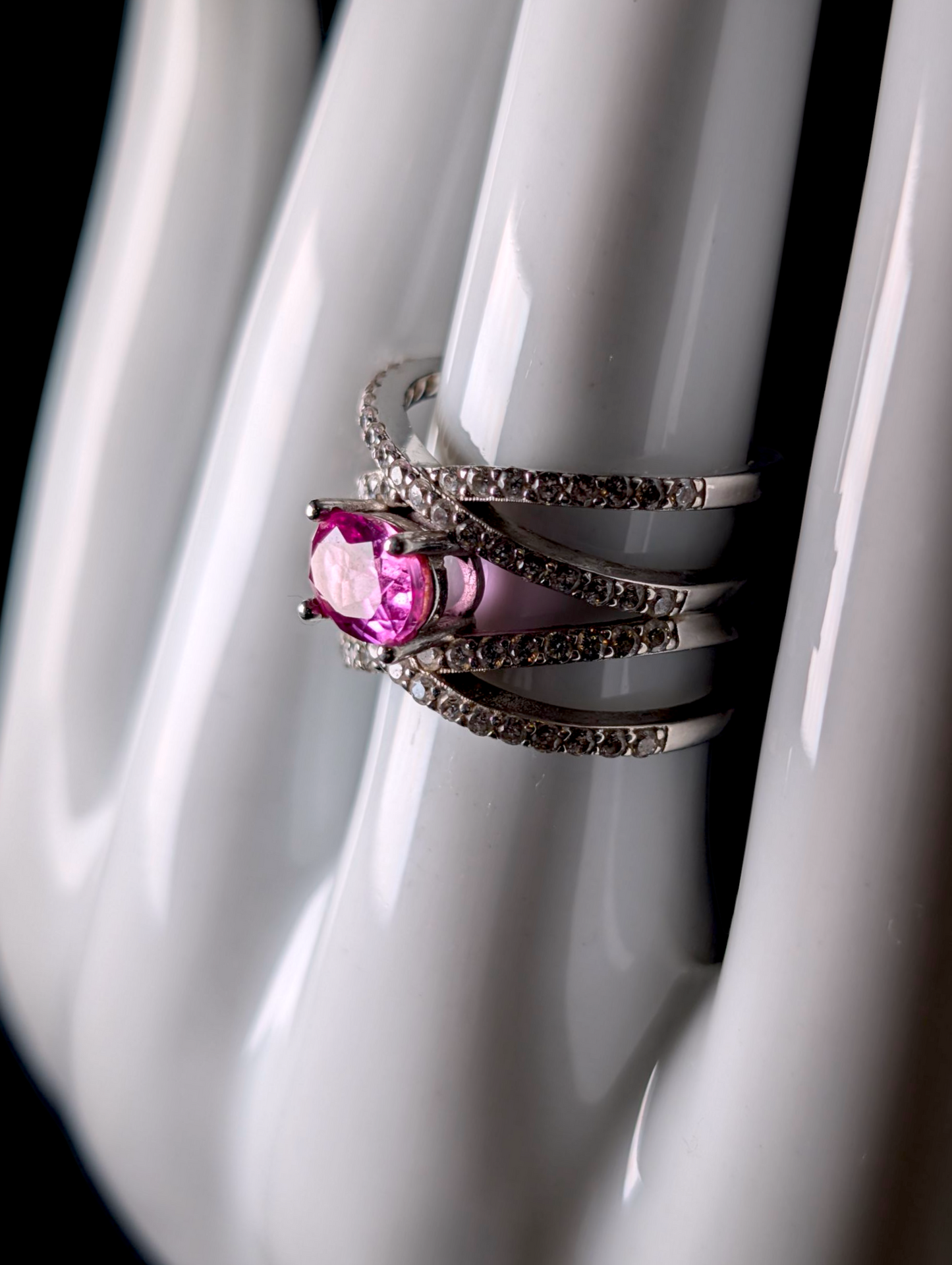 Vintage Inspired Criss Cross Genuine Pink Sapphire and Simulated Diamond Accents Sterling Silver Ring