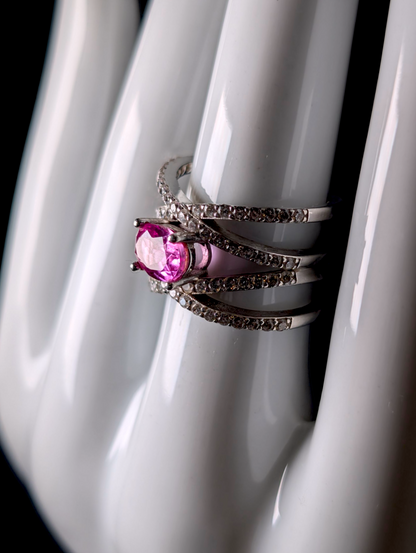 Vintage Inspired Criss Cross Genuine Pink Sapphire and Simulated Diamond Accents Sterling Silver Ring