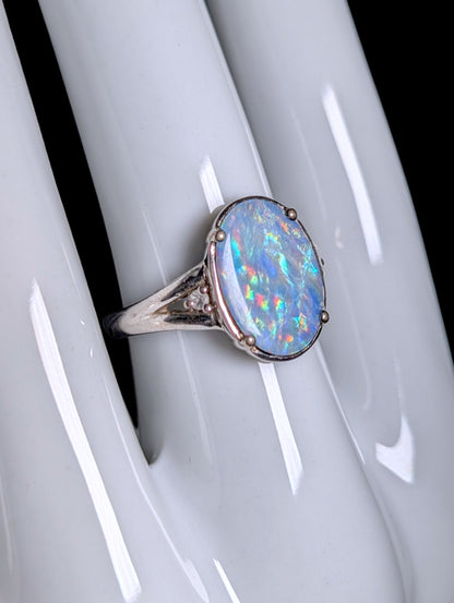 Vintage Oval Solitaire Genuine Opal Doublet and White Topaz Sterling Silver Split Shank Ring