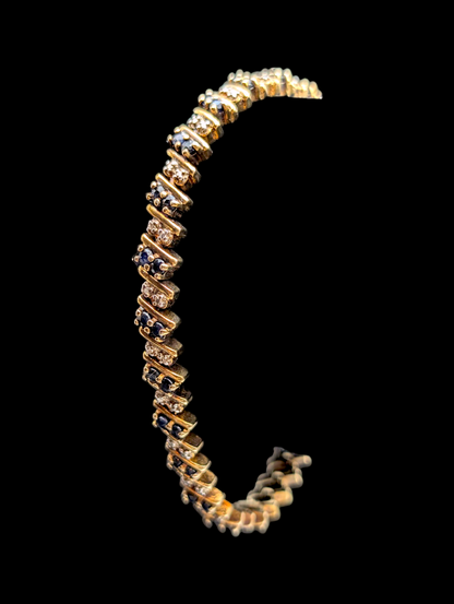 Vintage Genuine Royal Blue Sapphire and Diamond Accent 18k Yellow Gold Vermeil Tennis Bracelet