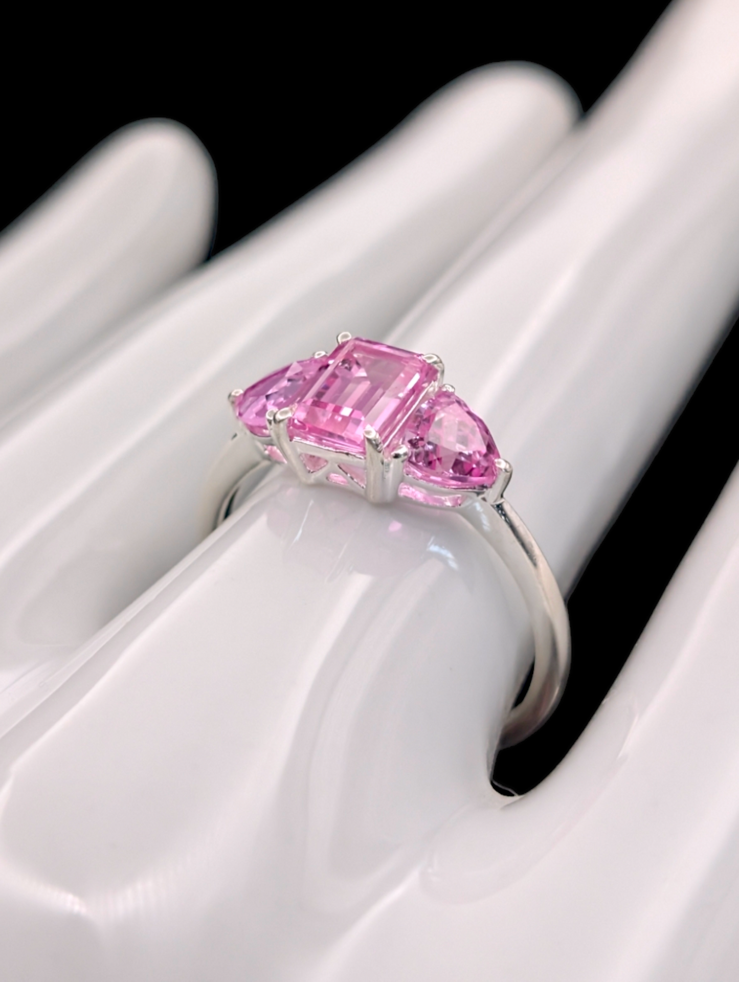 Vintage Inspired Pink Sapphire Sterling Silver Pendant, Necklace and 3 Stone Emerald Trillion Cut Ring Set