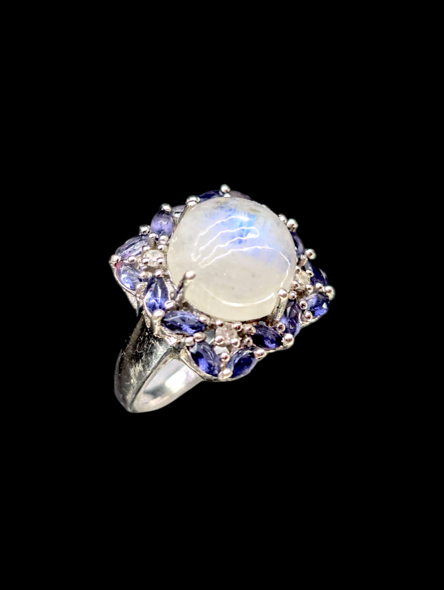 Vintage Large Genuine White Rainbow Moonstone and Tanzanite with Diamond Rhodium over Sterling Silver Ring