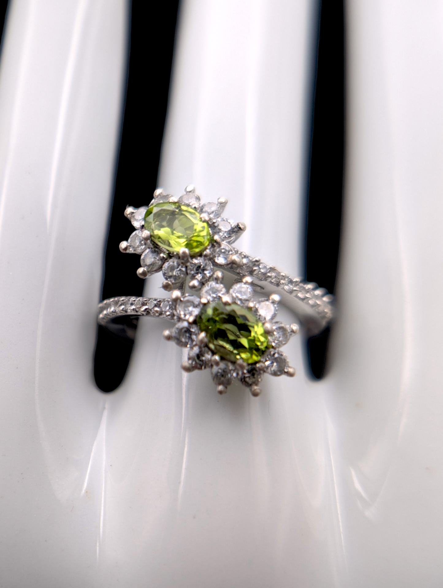 Vintage Starburst Double Genuine Peridot and White Topaz Halo Sterling Silver Ring