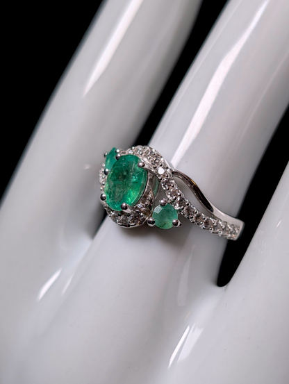 Vintage Earth Mined Genuine Emerald and White Topaz Sterling Silver Bypass Ring
