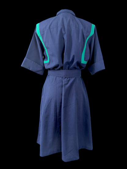 1980s Vintage Willi of California Navy and Teal Blue Elastic Waist House Dress