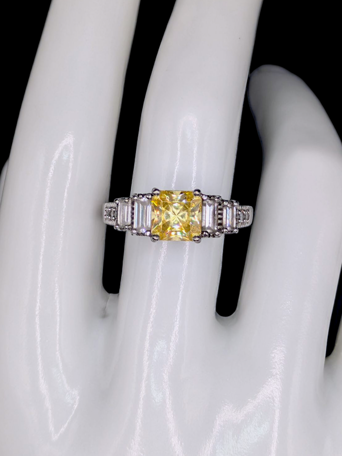 Vintage Square Radiant Cut Simulated Yellow Topaz Solitaire on Ornate Carved Mount Sterling Silver Ring