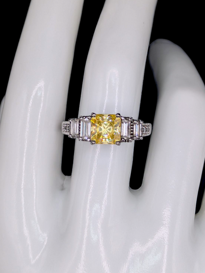 Vintage Square Radiant Cut Simulated Yellow Topaz Solitaire on Ornate Carved Mount Sterling Silver Ring