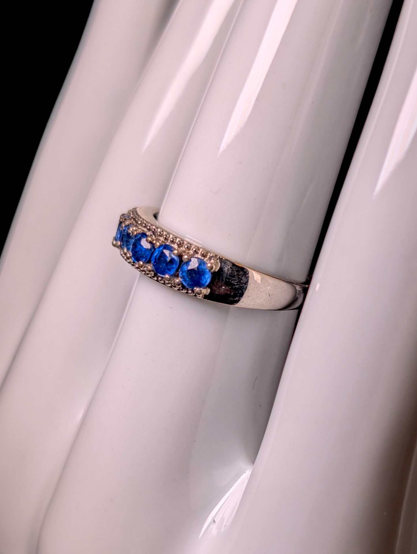 Vintage Round Cut Half Eternity Band Genuine Blue Kyanite Sterling Silver Ring