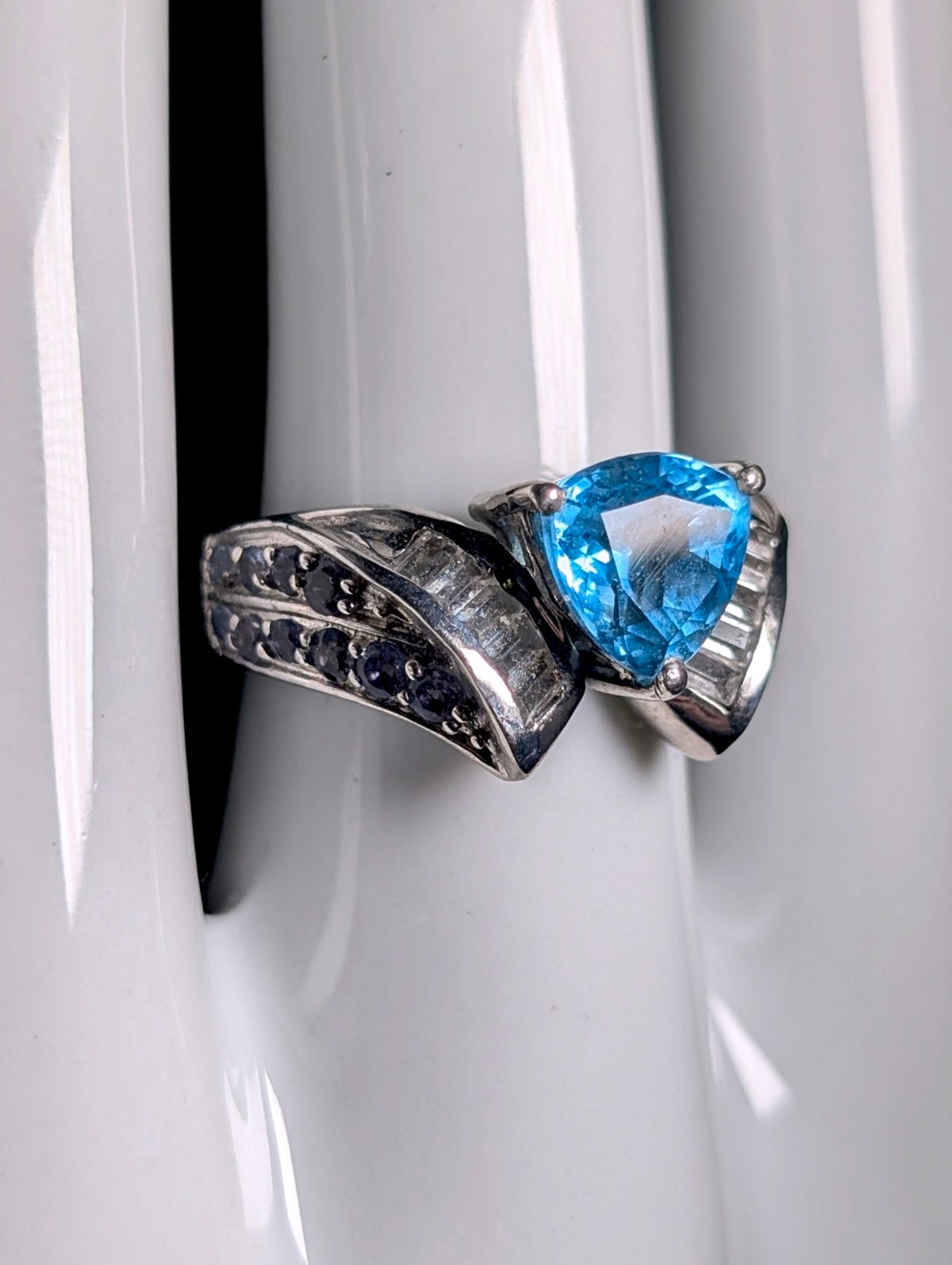 Vintage Genuine Swiss Blue Topaz Solitaire with White Topaz Sterling Silver Ring
