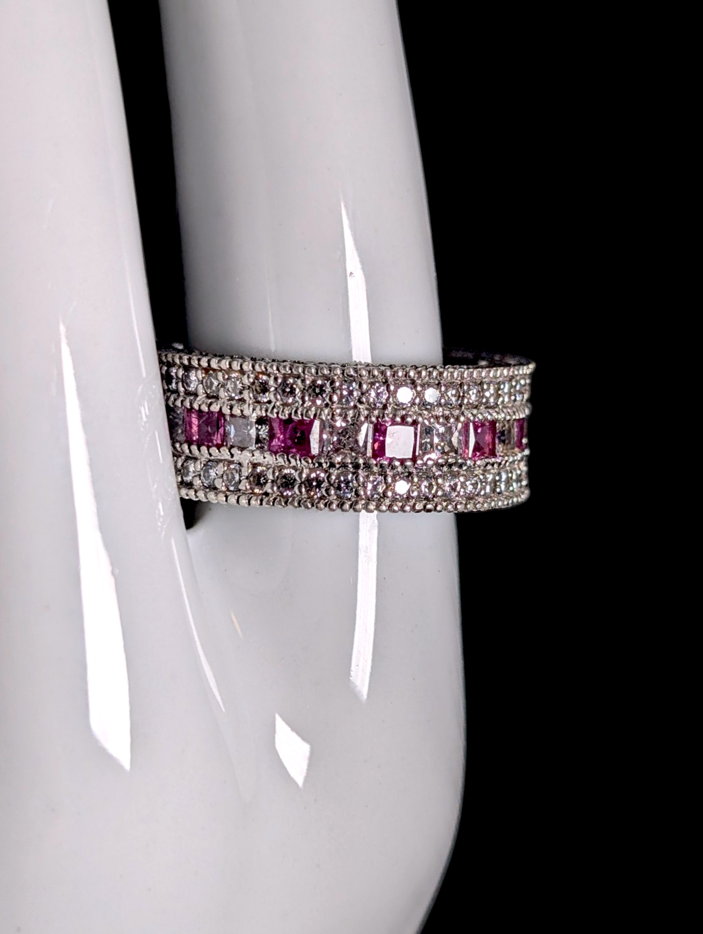 Vintage Sparkling Genuine Pink Sapphire and Simulated Diamond Sterling Silver Band Ring