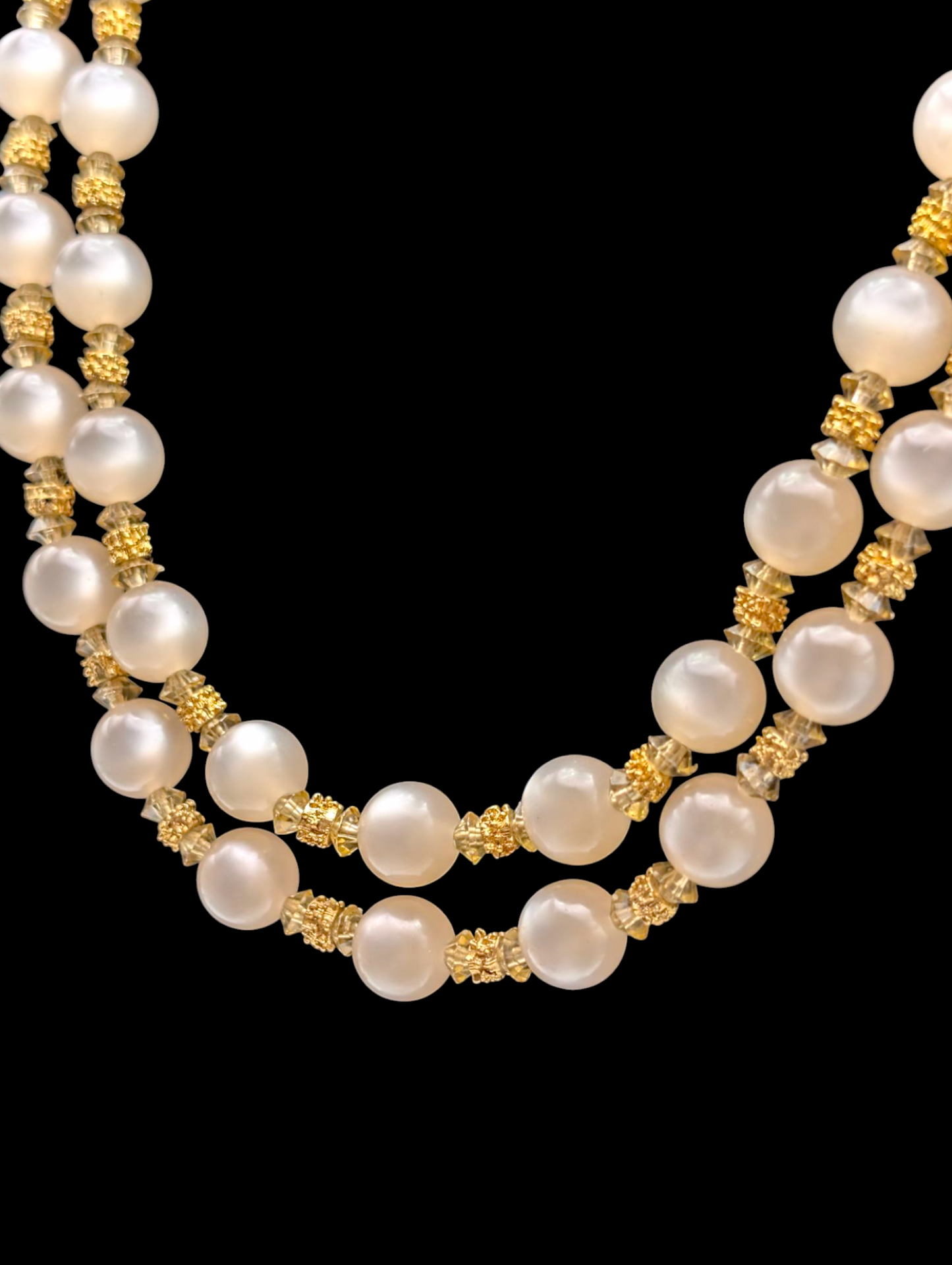 1950s Vintage Multi Strand Lucite Cream Moonglow and Gold Bead Necklace
