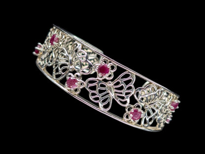 Vintage Genuine Ruby Gemstone Sterling Silver Butterfly Filigree Cuff Bracelet