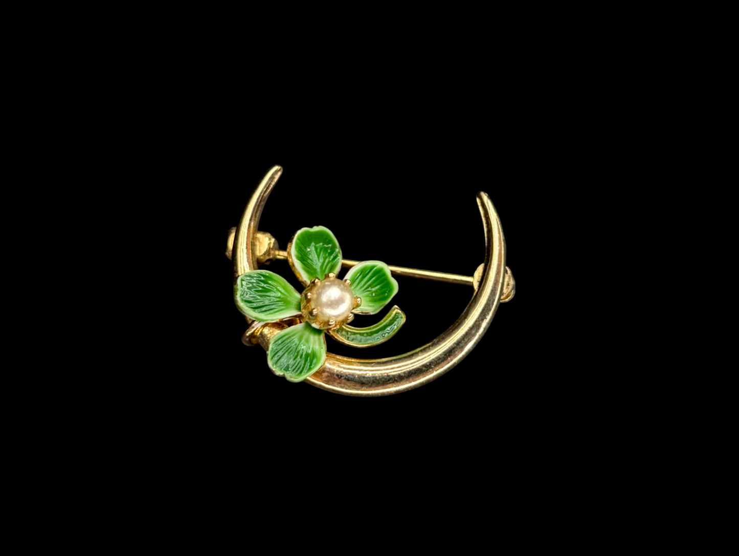 Vintage 14k Gold Crescent Half Moon and Green Enamel Shamrock Clover Pearl Brooch Pin