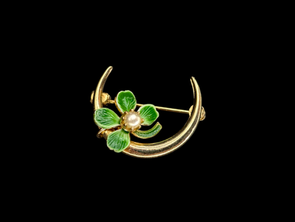 Vintage 14k Gold Crescent Half Moon and Green Enamel Shamrock Clover Pearl Brooch Pin