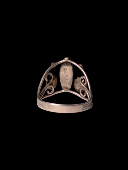 Vintage Art Nouveau Inspired Genuine Pink Mother of Pearl Flower Filigree Sterling Silver Ring
