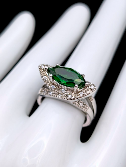 Vintage Marquise Cut Simulated Emerald Solitaire and Simulated Diamond Halo Accent Silver Toned Statement Ring