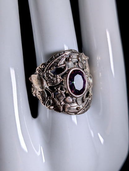 Vintage Art Nouveau Inspired Simulated Mystic Topaz Flower and Butterfly Sterling Silver Ring